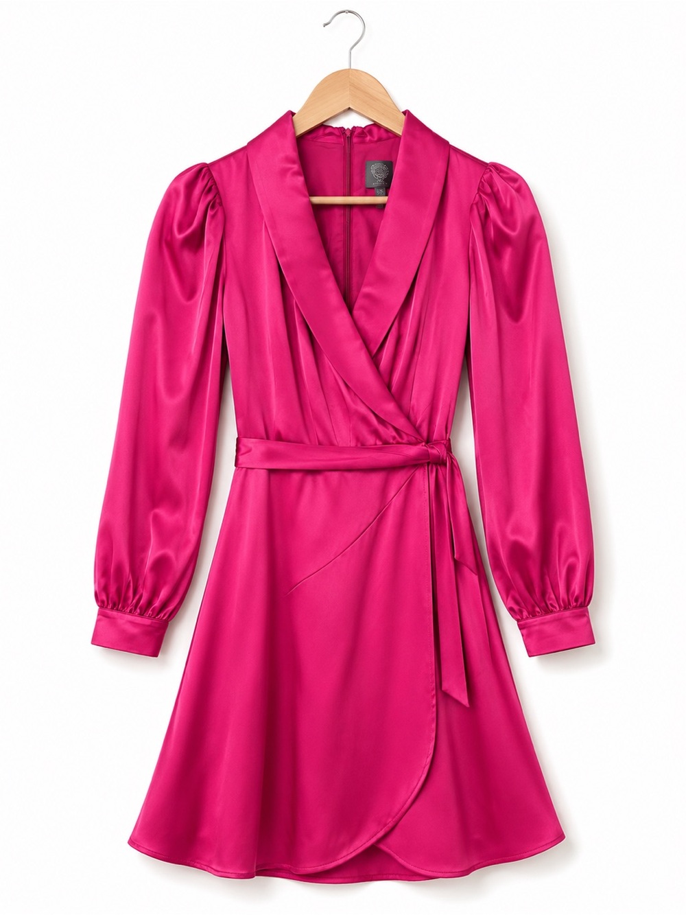 Vince Camuto Bright Fuchsia Satin Wrap Dress with Long Sleeves